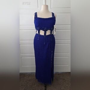 Royal Blue Silk Beaded Column Evening Gown with Cut-Outs